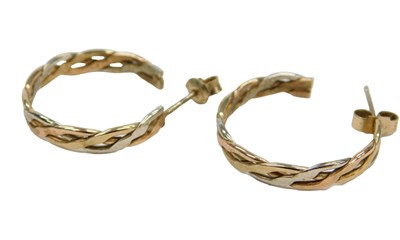 Lot 553 - A pair of 9ct three colour gold hoop earrings,...