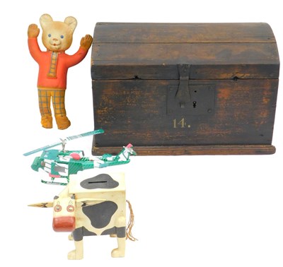 Lot 1058 - A 19thC stained pine domed box, with metal...