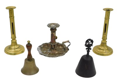 Lot 1016 - A pair of 19thC brass telescopic candlesticks,...