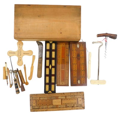Lot 1033 - Two cribbage boards, treen, food implements,...