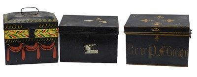 Lot 1066 - Two Victorian black painted tin deed boxes,...