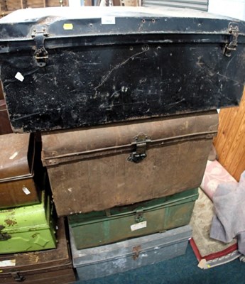 Lot 1662 - A black metal military trunk, two latches to...