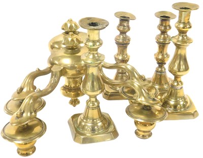 Lot 36 - Two pairs of 19thC brass candlesticks, 24cm...