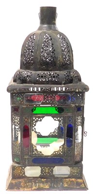 Lot 242 - A Turkish tin lantern, with stained and clear...