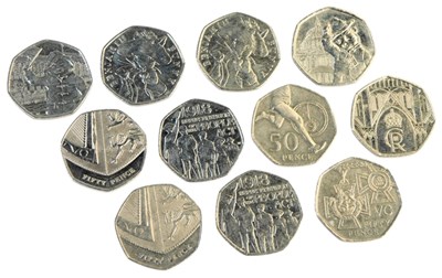 Lot 232 - Eleven Elizabeth II fifty pence coins, some...