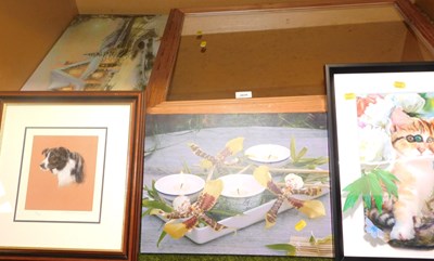 Lot 2030 - A pine framed wall mirror, various canvas...