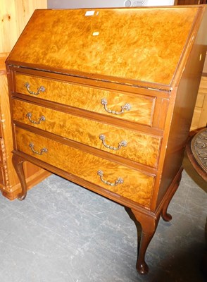 Lot 1010 - A 20thC burr walnut veneer bureau, the fall...