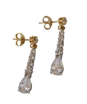 Lot 216 - A pair of QVC CZ drop earrings, the claw set...