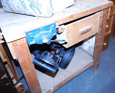 Lot 1172 - A pine and MDF workbench, 72cm high, 77cm wide,...