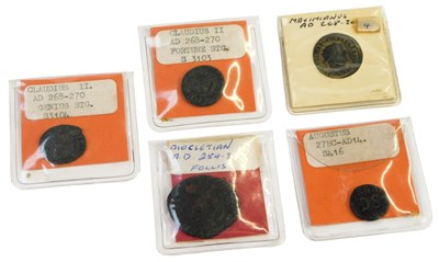 Lot 253 - Five Roman coins, for Augustus, Diocletian,...