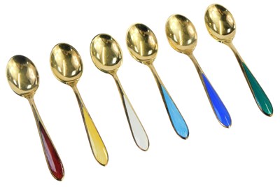 Lot 369 - A set of six Norwegian silver gilt and enamel...