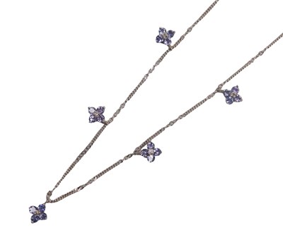 Lot 593 - A fine link neck chain, set with five pale...