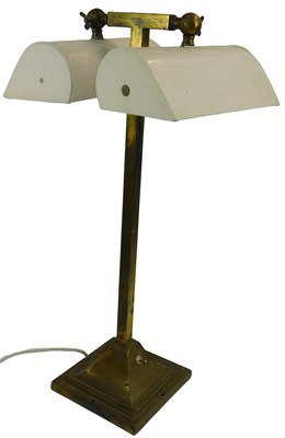 Lot 566 - A 20thC brass table lamp, with two white...