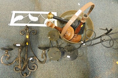 Lot 2007 - A large preserve pan, candlesticks, candle...