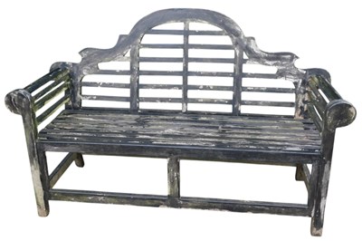 Lot 683 - A black stained Lutyens garden bench, 158cm wide.