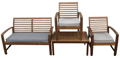 Lot 684 - A teak garden set, comprising bench, 122cm...