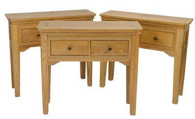 Lot 732 - Three contemporary oak console tables, each...