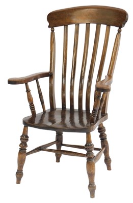 Lot 736 - A 19thC elm lath back grandfather chair,...