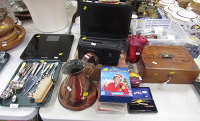 Lot 2251 - Silver plated flatware, hairbrush, copper jug,...