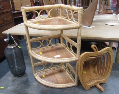 Lot 2076A - A soda syphon, wicker/bamboo three shelf unit,...