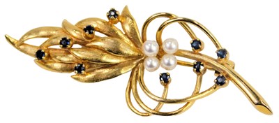Lot 322 - A 9ct gold sapphire and seed pearl brooch, in...