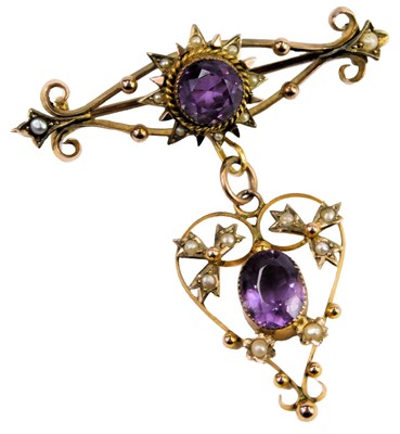 Lot 333 - An Edwardian amethyst and seed pearl pendant...