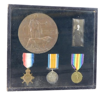 Lot 112 - A framed set of WWI medals and commemorative...