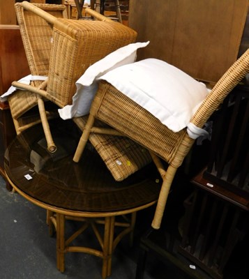 Lot 1532 - A circular glass topped wicker and bamboo...