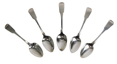 Lot 347 - A set of five George III silver fiddle pattern...