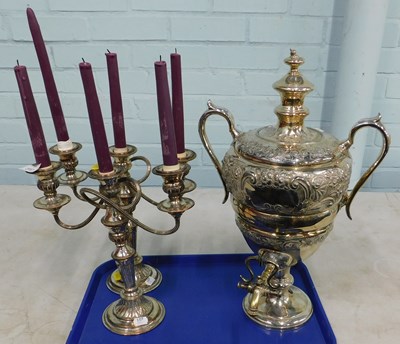 Lot 2157 - A pair of three branch candelabra, together...