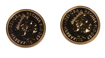 Lot 51 - Two Queen Elizabeth II gold Sovereigns, in a...