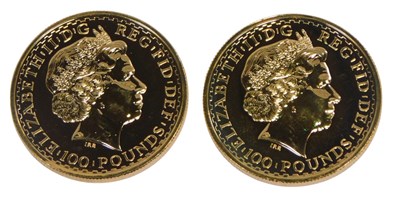 Lot 53 - Two Queen Elizabeth II gold £100 coins, being...