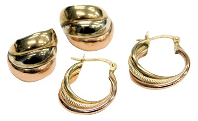 Lot 538 - A pair of three colour hoop earrings, stamped...