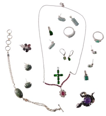 Lot 649 - Silver and gem set jewellery, including rings,...