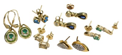 Lot 757 - Six pairs of 9ct gold and gem set earrings,...
