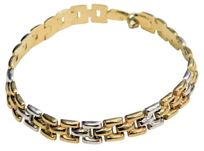 Lot 746 - A 9ct three colour gold gate bracelet, on a...