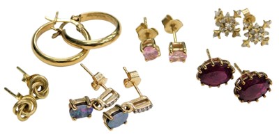 Lot 762 - Six pairs of 9ct gold and gem set earrings, 8.1g.