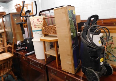 Lot 1612a - A walnut display cabinet, exercise bike, etc.
