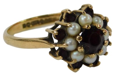 Lot 36 - A 9ct gold garnet and pearl floral cluster...