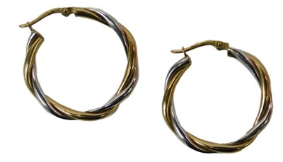 Lot 66 - A pair of twist hoop earrings, yellow and...