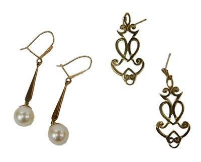 Lot 72 - A pair of pearl drop earrings, yellow metal...