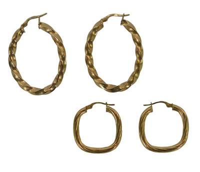 Lot 201 - Two pairs of hoop earrings, one set of twisted...