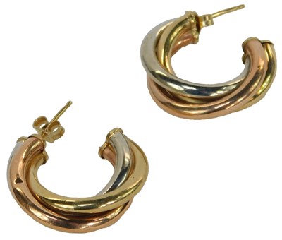 Lot 205 - A pair of 9ct gold tricolour open hoop...
