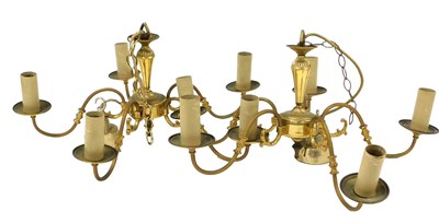 Lot 177 - A pair of 20thC brass five branch chandeliers,...