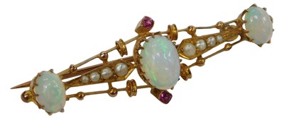 Lot 407 - A Victorian opal, ruby and seed pearl brooch,...
