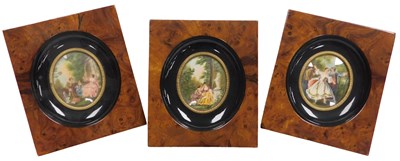 Lot 272 - Three miniatures after Watteau in burr walnut...