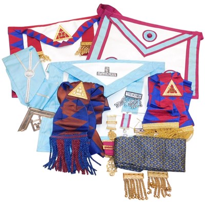 Lot 454 - Masonic jewels and regalia, including aprons...