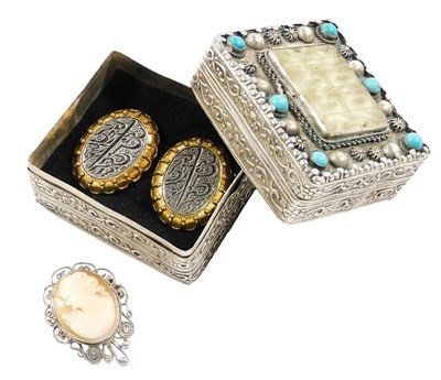 Lot 572 - A Chinese jade and turquoise set box, embossed...