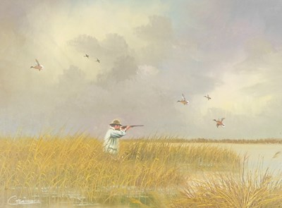 Lot 493 - C Manuel (20thC). Duck shooting in the marshes,...