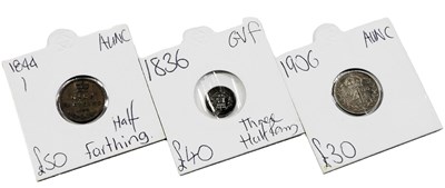 Lot 529 - A Victorian half farthing 1844, silver three...